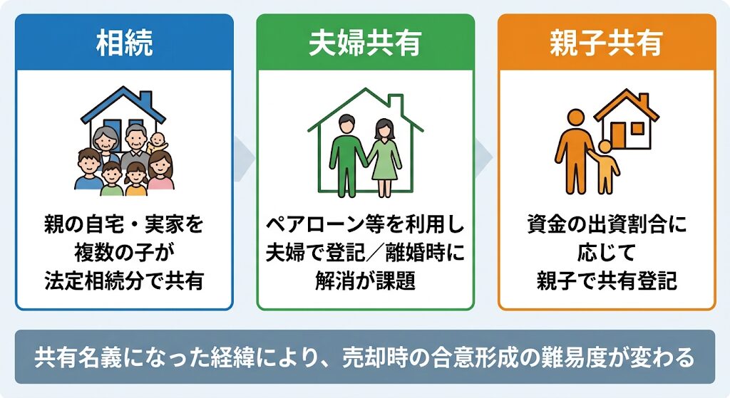 相続・夫婦共有・親子共有の3つの分類ボックスと、共有名義の経緯と売却合意形成の難易度を示す図解