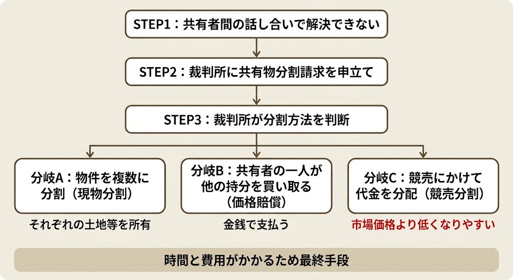 共有物分割請求のフロー図。話し合い不能から裁判所の判断で3分岐し、競売注意点と最終手段の帯を表示。
