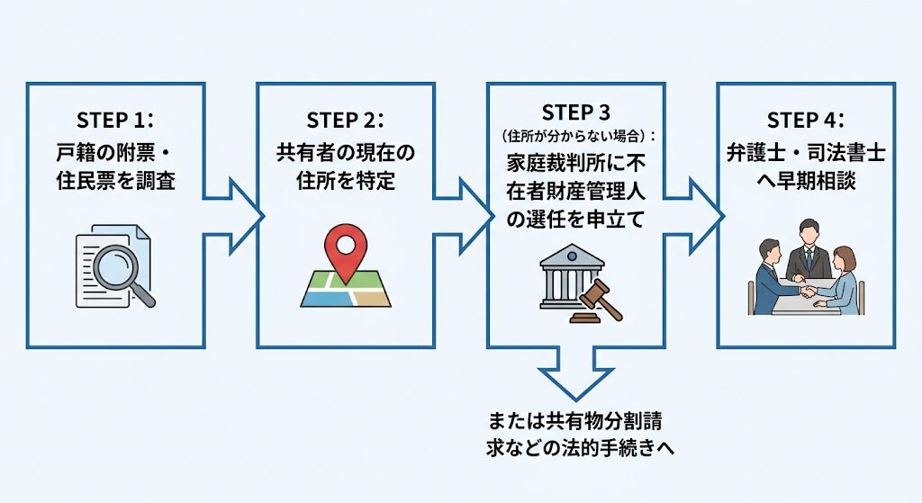 戸籍調査から専門家相談までの流れを示す4ステップ図。STEP3の下に法的手続きへの分岐矢印あり。